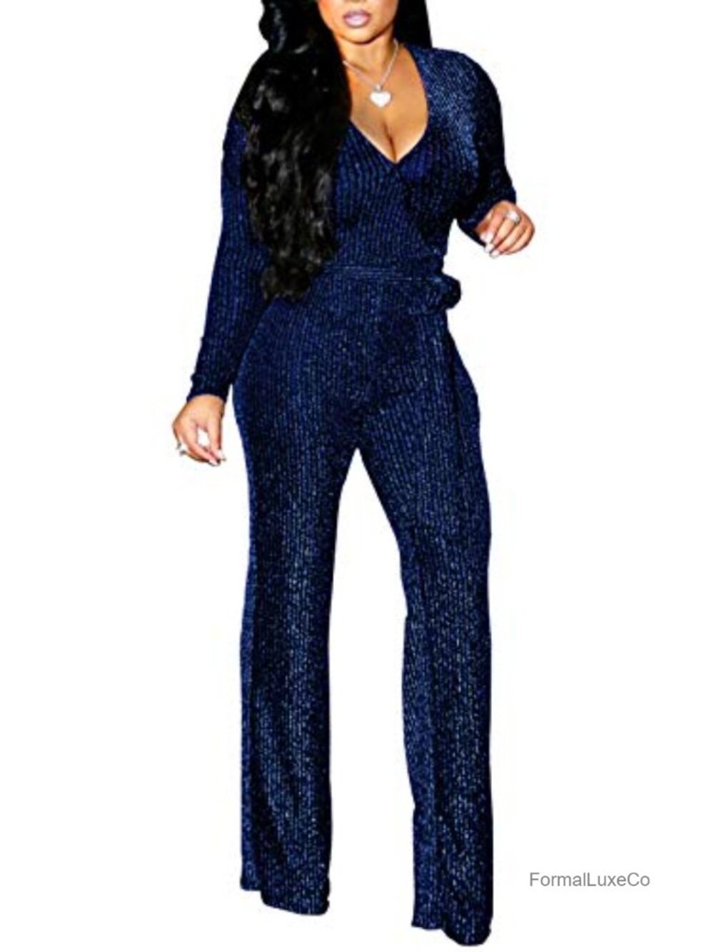 LightlyKiss Sexy V Neck Sparkly Long Sleeve Wide-Leg Club Jumpsuit
